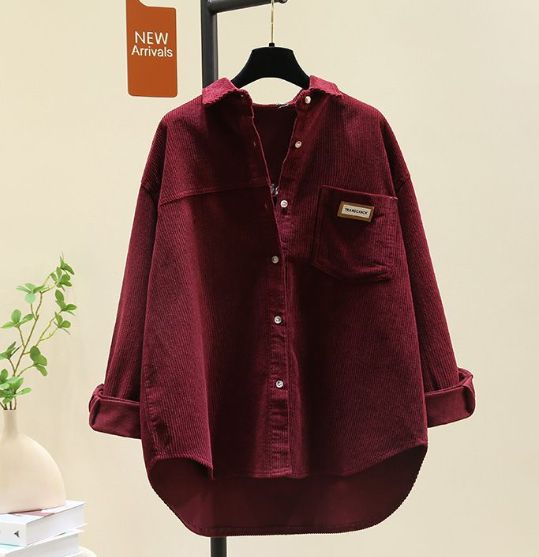 ワインレッド】レディース コーデュロイ シャツ オーバーサイズ 長袖