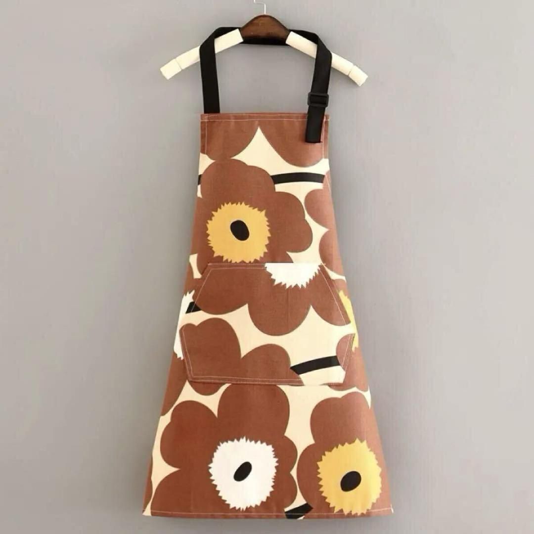 エプロン北欧花柄カフェ ブラウン 茶色 料理園芸 レディース 綿
