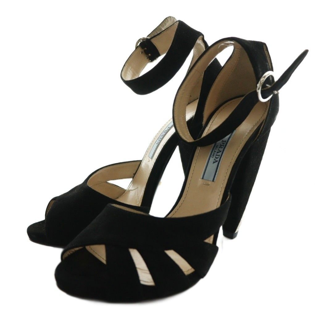 プラダ PRADA アンクルストラップサンダル ビジュー スエード 35.5 黒