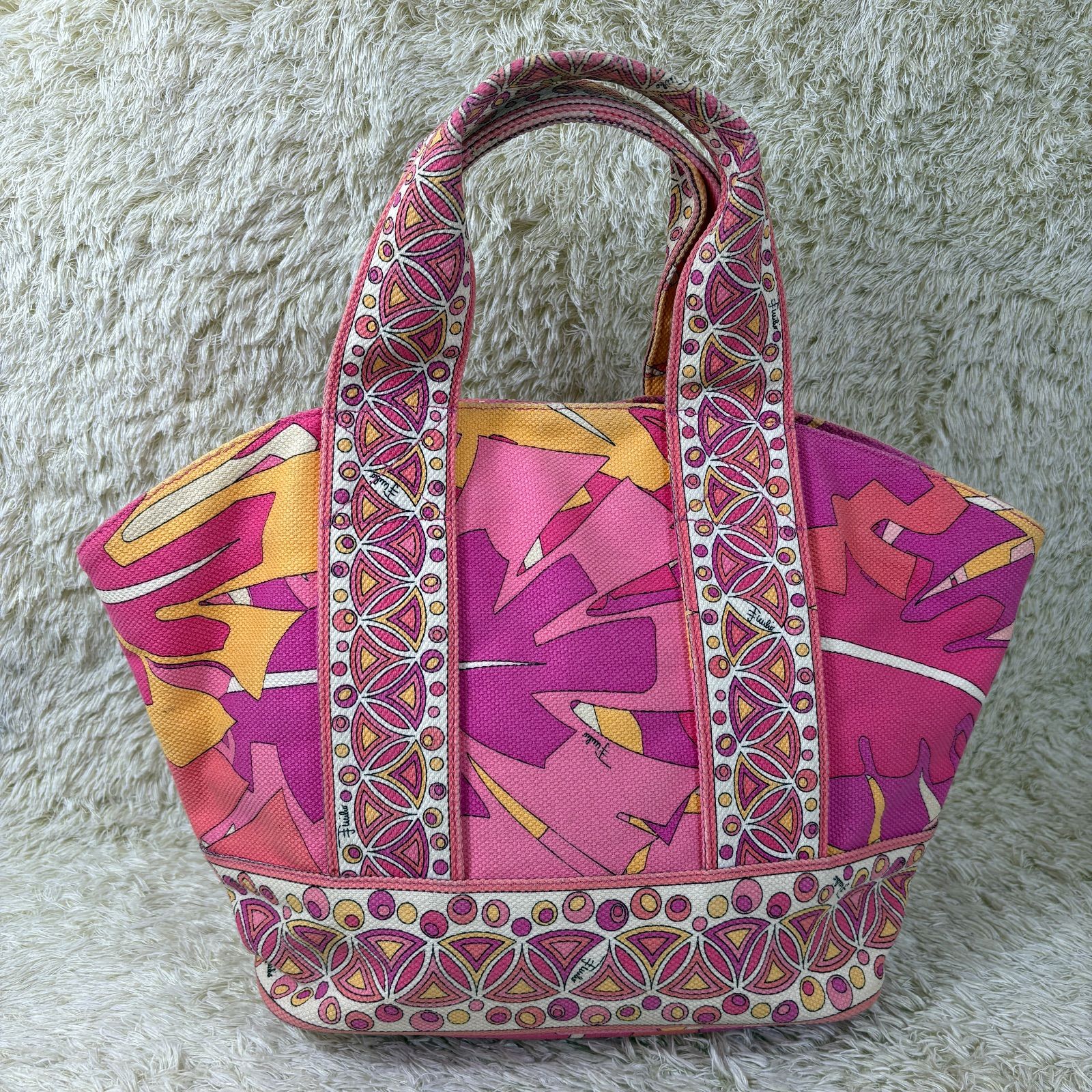 エミリオプッチ ハンドバッグ キャンバス ピンク ボタニカル 総柄 楕円