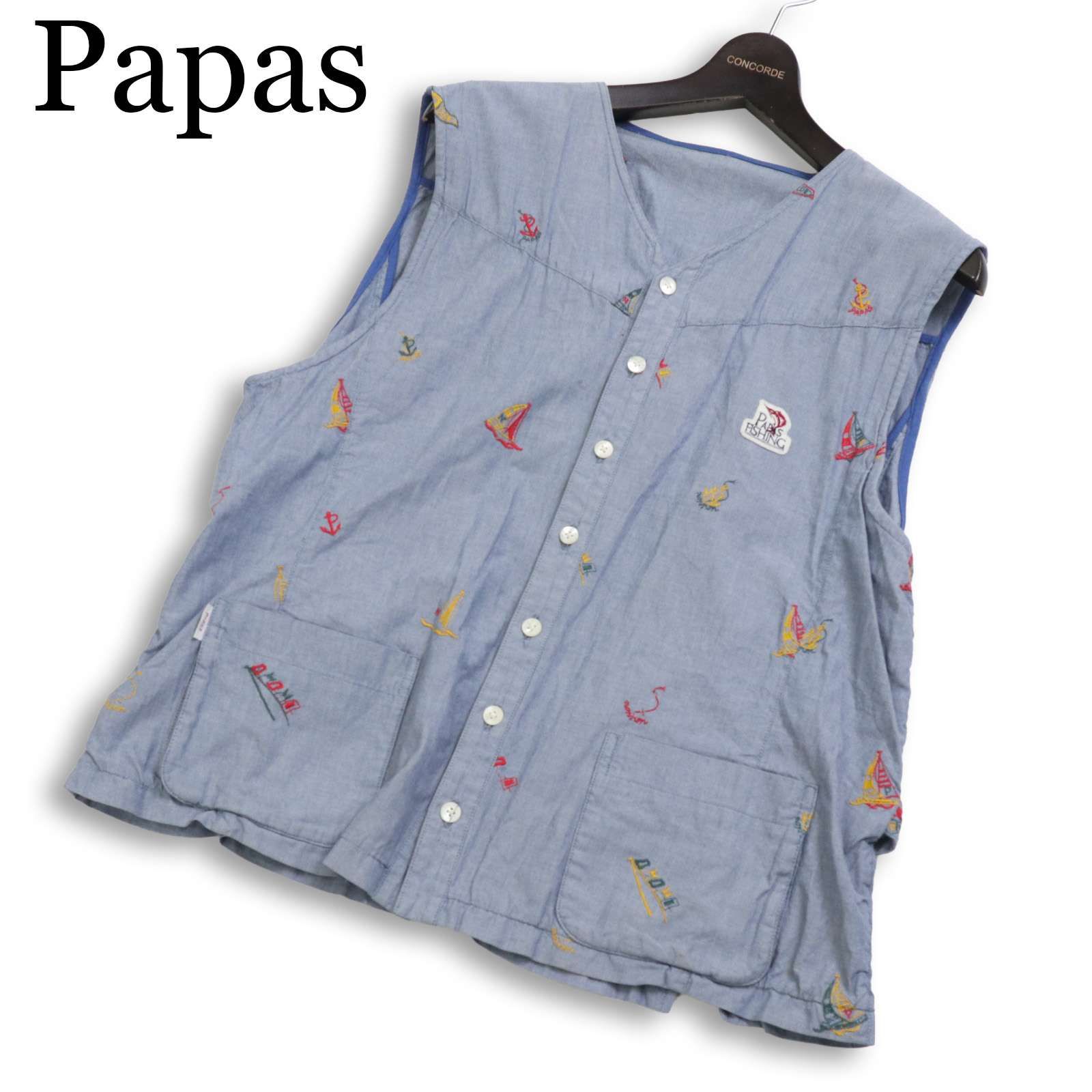 Papas パパス 通年☆ マリン柄 刺繍 総柄 ロゴワッペン ベスト Sz.52 