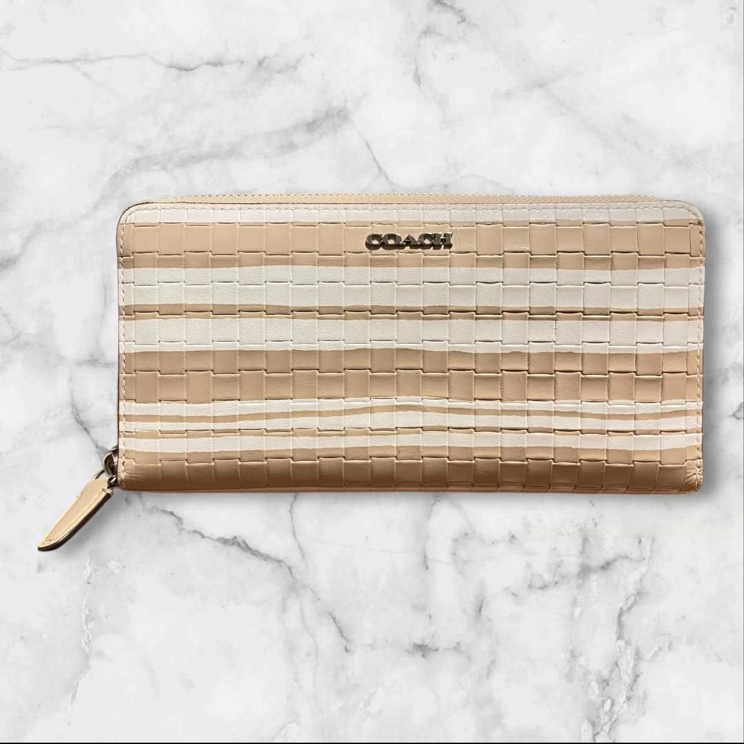 美品 コーチ ラウンドファスナータイプ ベージュ COACH コーチ 長財布 ラウンドファスナー 編み込み レザー ベージュ系