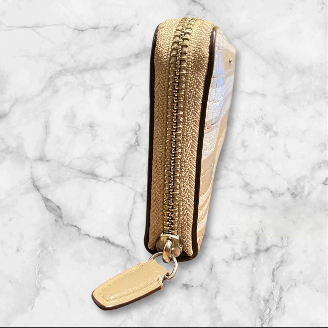 COACH コーチ 長財布 ラウンドファスナー 編み込み レザー ベージュ系