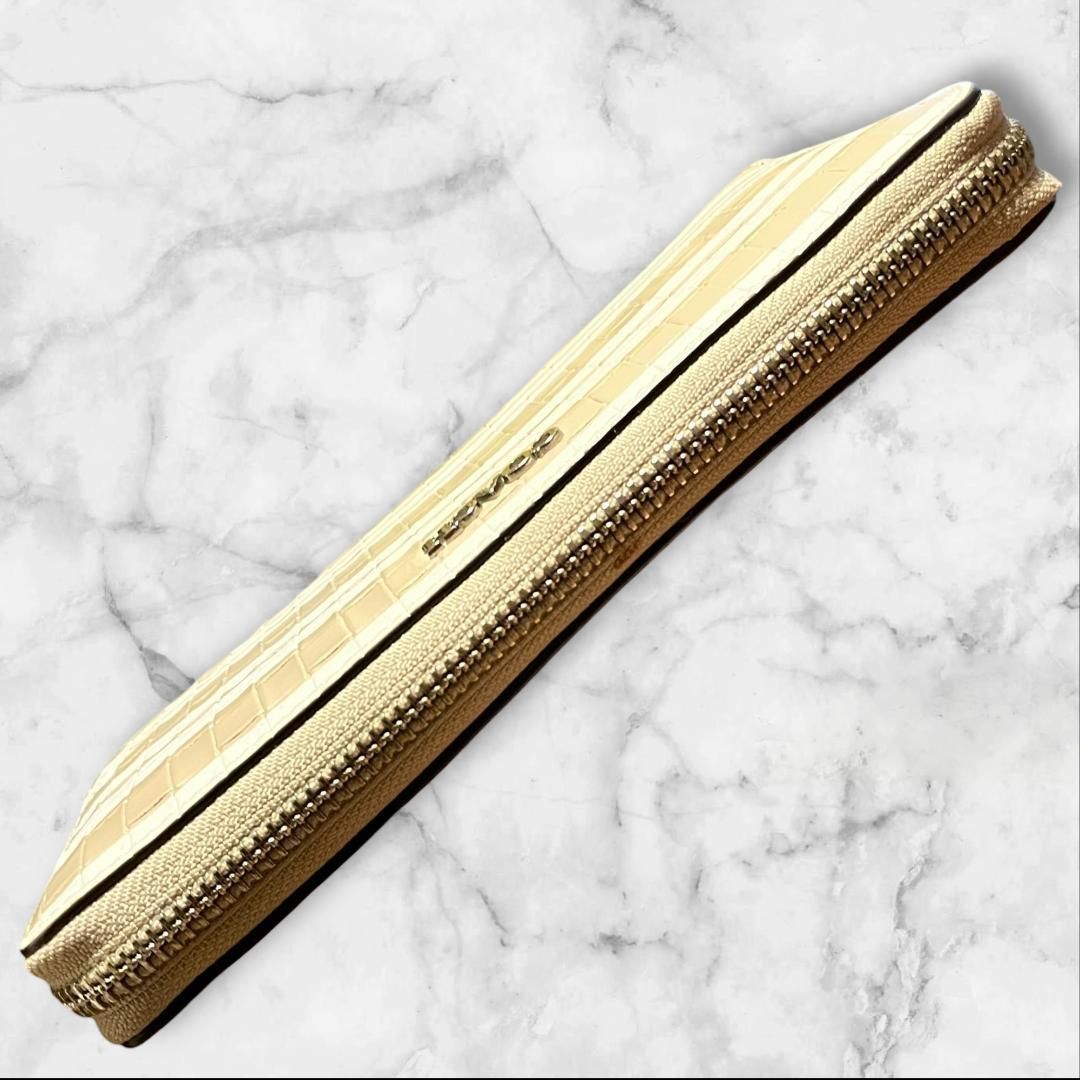 COACH コーチ 長財布 ラウンドファスナー 編み込み レザー ベージュ系