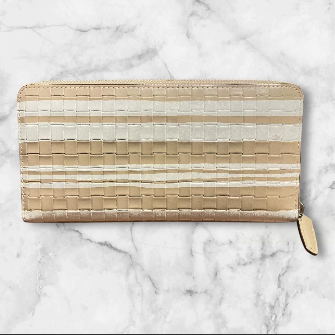 COACH コーチ 長財布 ラウンドファスナー 編み込み レザー ベージュ系