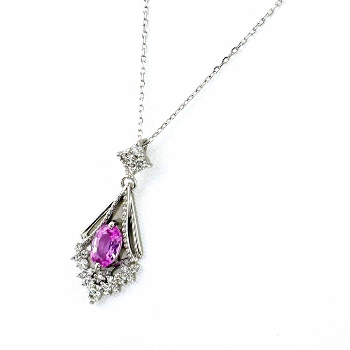 ピンクサファイア デザインネックレス プラチナ ペンダント メレダイヤ