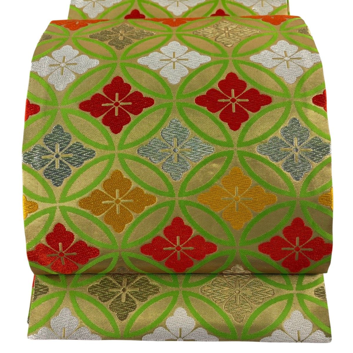 美品】 袋帯 優品 七宝 花菱 金銀糸 唐織 黄緑色 全通 正絹 【中古