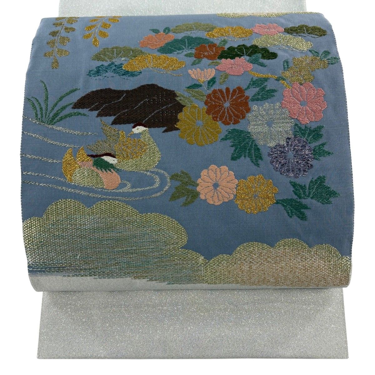 美品】 名古屋帯 優品 八寸名古屋帯 菊 鴛鴦 箔 金銀糸 灰色 正絹 【