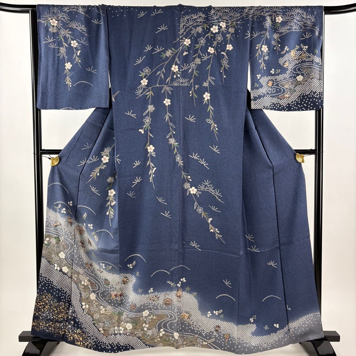 494 訪問着フルセット 正絹 紺 ネイビー 金銀彩 暈し染め フォーマル 上品 訪問着 身丈161cm 裄丈68.5cm L 袷 宝尽くし 草花 金銀彩 ぼかし 紺色