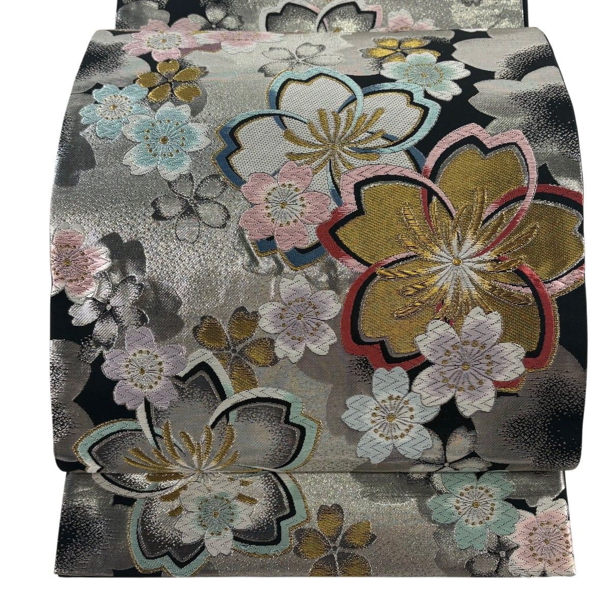 美品】 袋帯 秀品 振袖向き 桜 唐織 金銀糸 銀色 全通 正絹 【中古