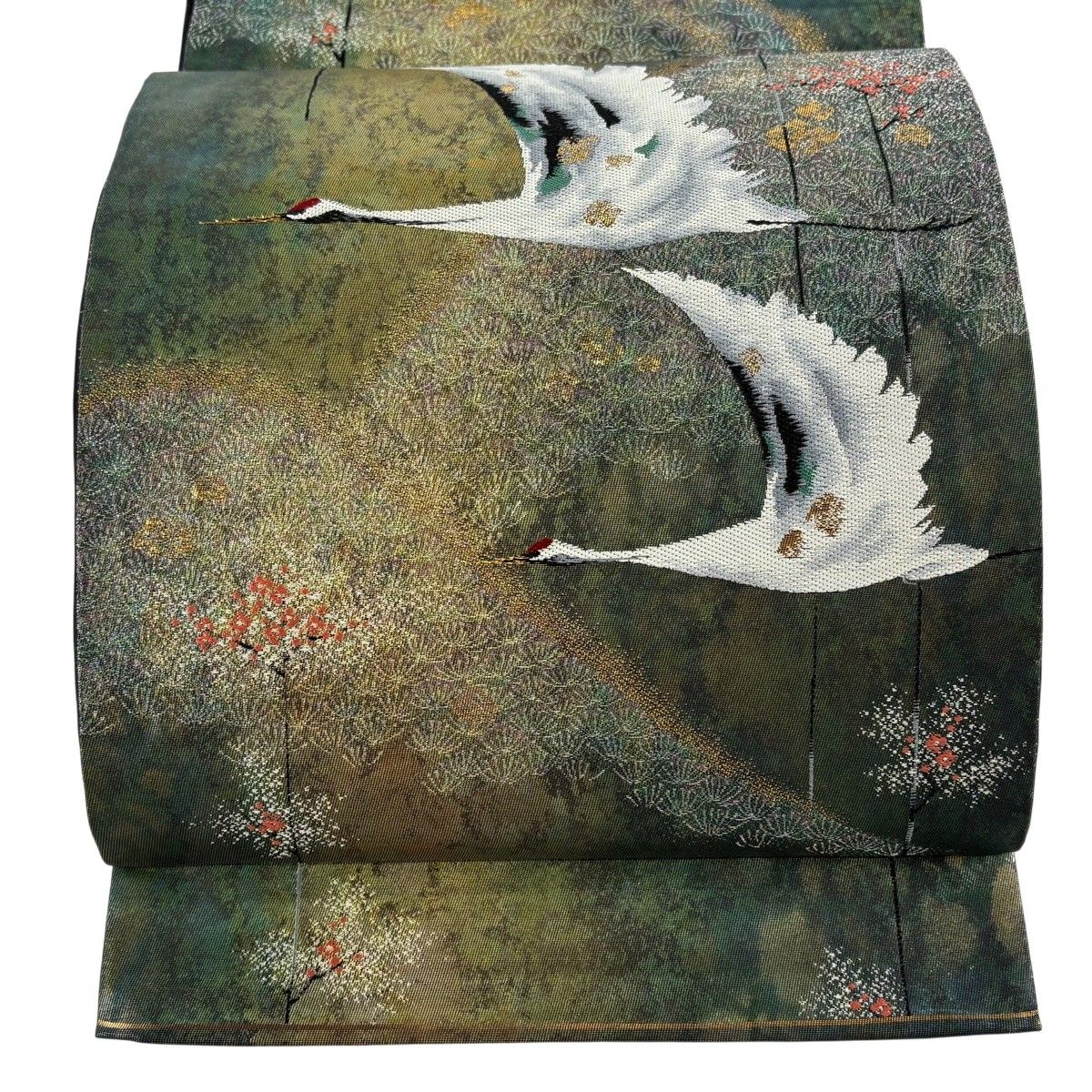 美品】 袋帯 秀品 関西仕立て 鶴 松 金銀糸 箔 深緑 六通 正絹 【中古
