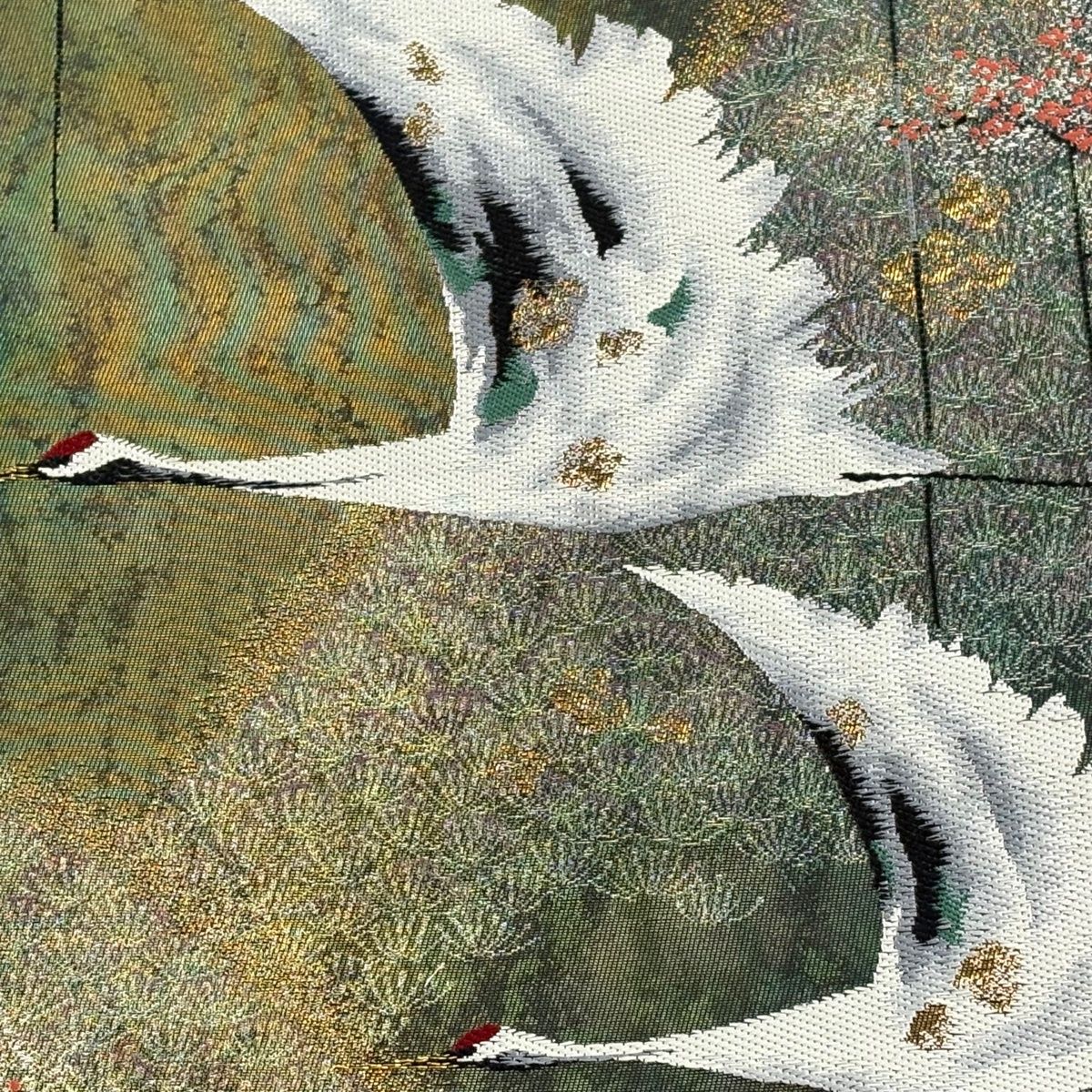 美品】 袋帯 秀品 関西仕立て 鶴 松 金銀糸 箔 深緑 六通 正絹 【中古