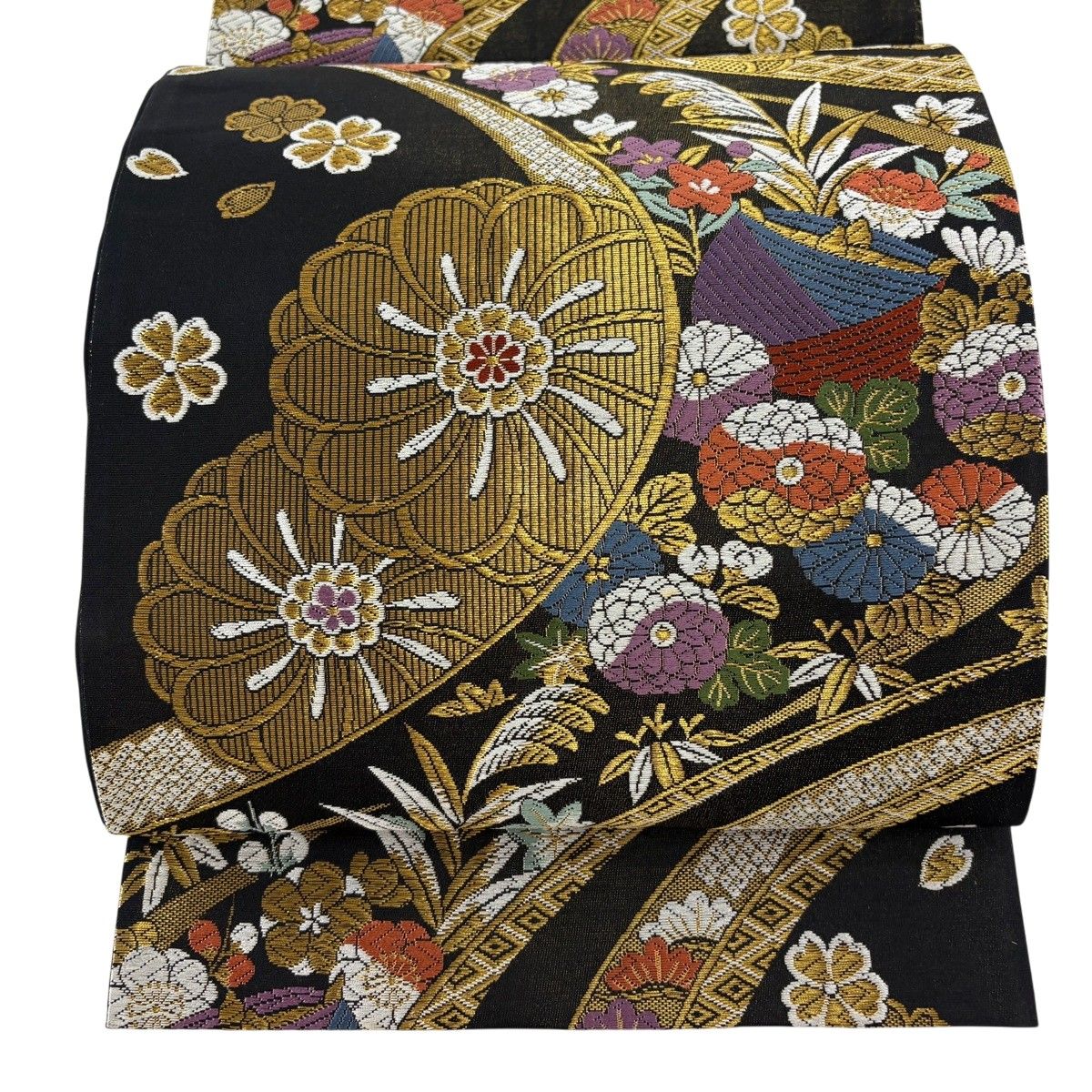 袋帯 秀品 糸巻き 草花 金糸 箔 黒 六通 正絹 【中古】 - メルカリ