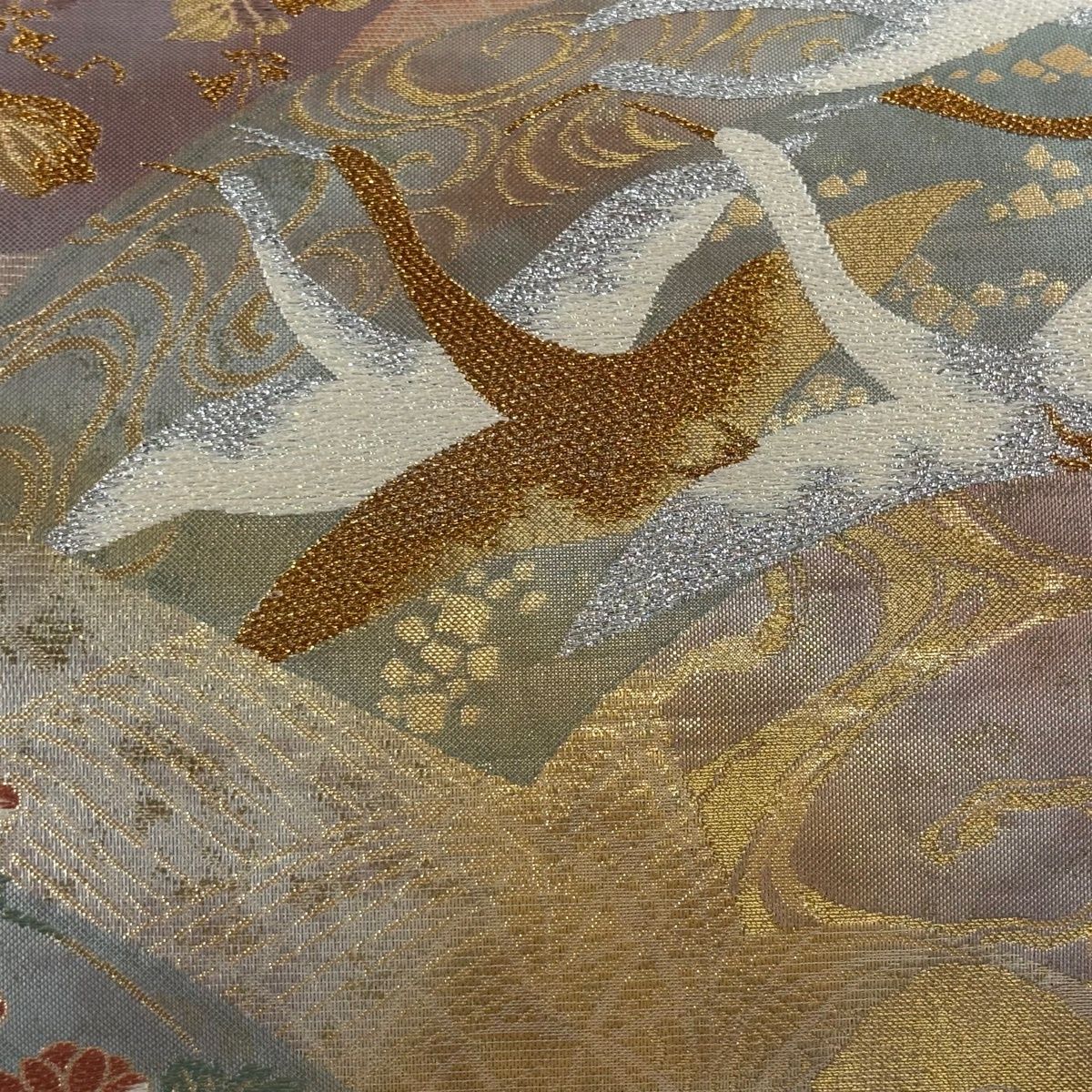 美品】 袋帯 秀品 鶴 枝梅 箔 刺繍 金色 六通 正絹 【中古】 - メルカリ