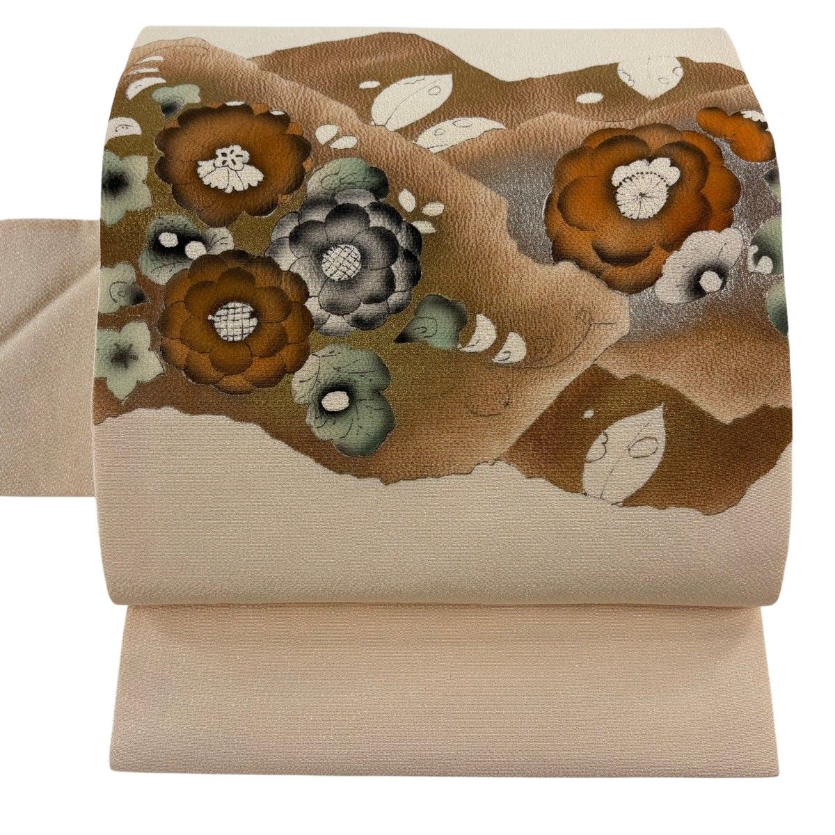 名古屋帯 秀品 草花 幾何学模様 金銀彩 縮緬 ピンクベージュ 正絹