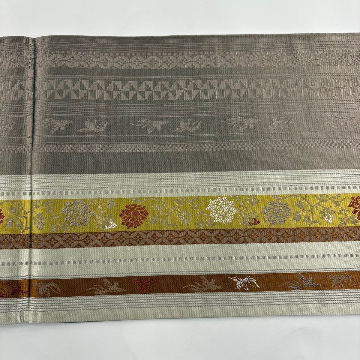 美品】 袋名古屋帯 秀品 こむさでもーど 草花 鳥 ベージュ 正絹 【中古 
