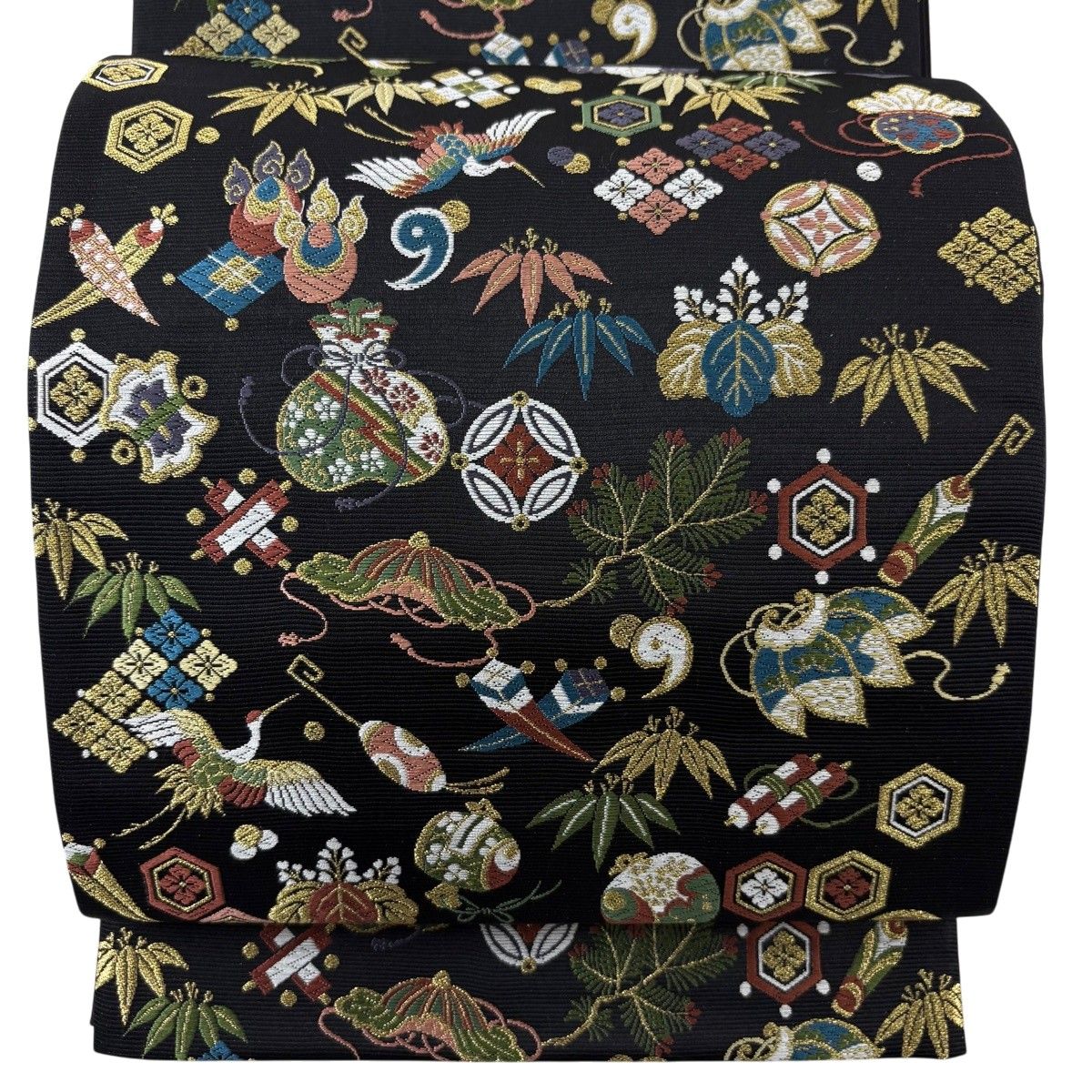 美品】 袋帯 秀品 招福宝尽くし ますいわ屋 宝尽くし 鶴 金糸 唐織 黒