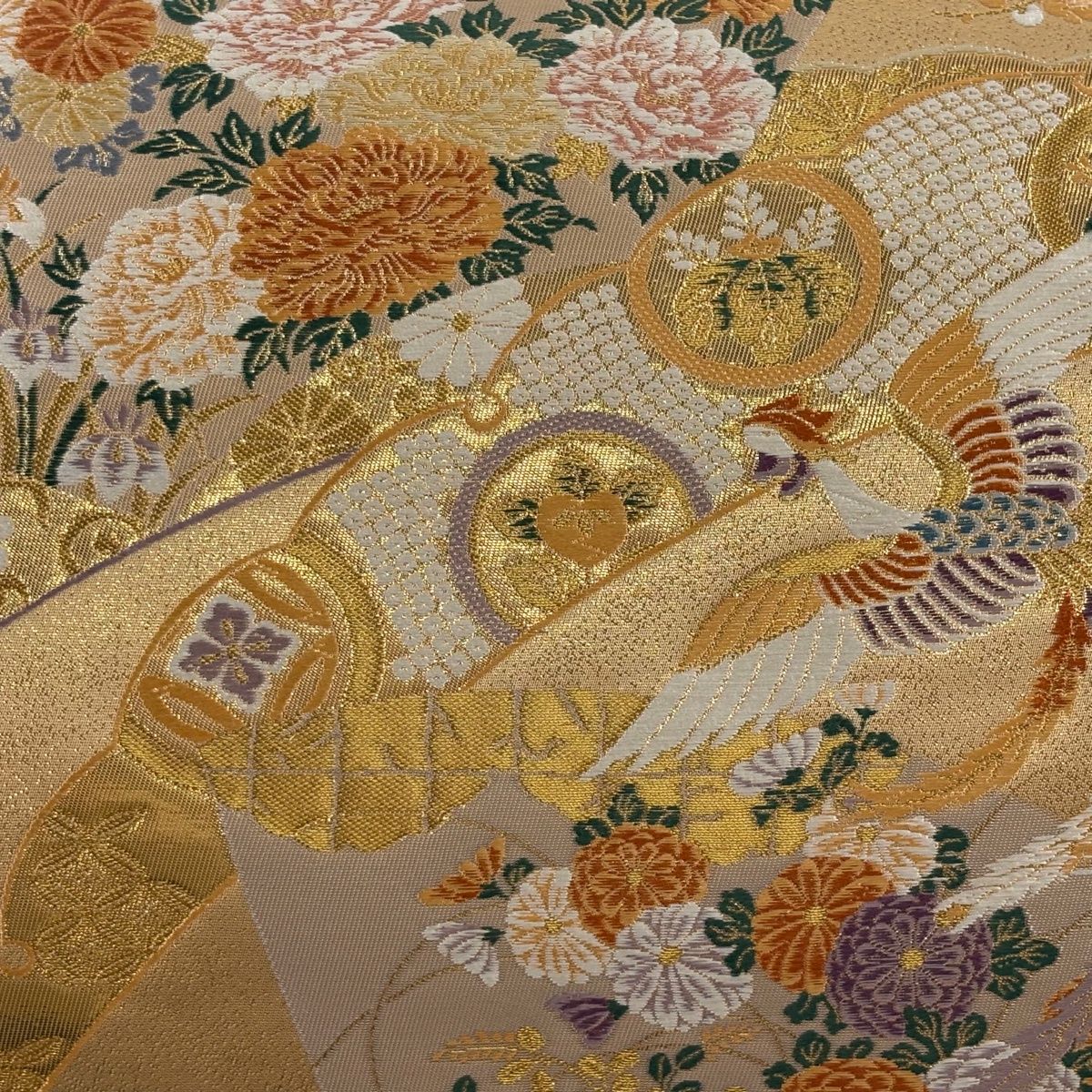 美品】 袋帯 秀品 証紙 鳳凰 草花 本金武重箔 刺繍 金色 六通 正絹