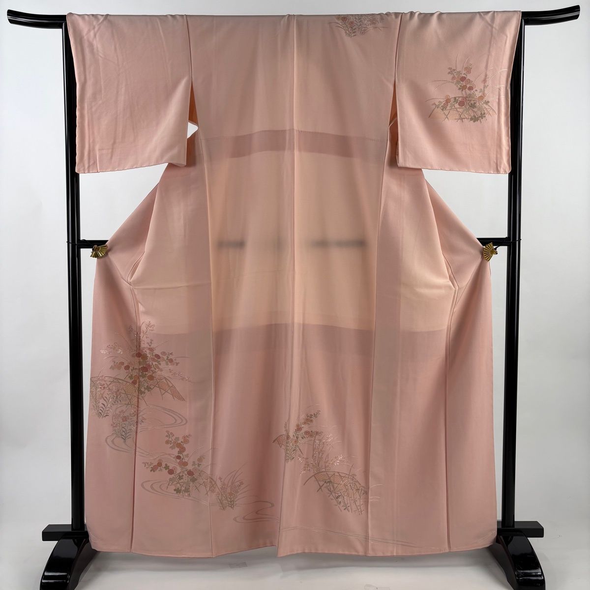 美品】 付下げ 身丈163.5cm 裄丈66cm M 袷 秋草 流水 汕頭刺繍 ピンク