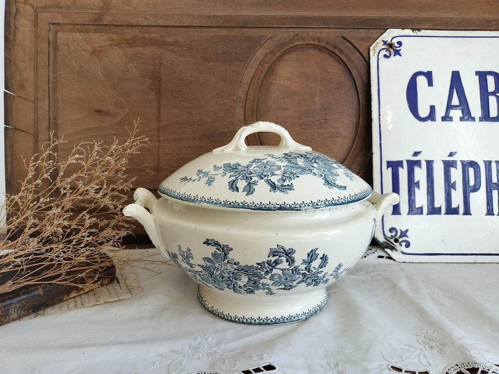 フランス アンティーク 花 鳥絵付き Mesange素敵な 蓋つき スー