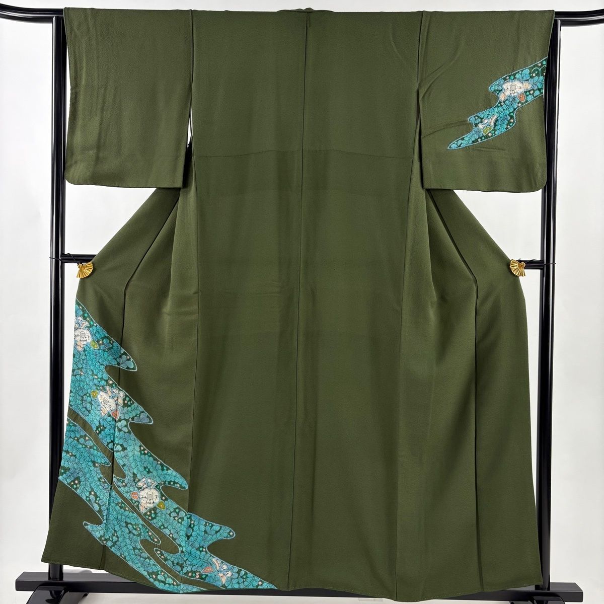 付下げ 身丈156cm 裄丈65cm M 袷 草花 霞 絞り 深緑 正絹 秀品 【中古