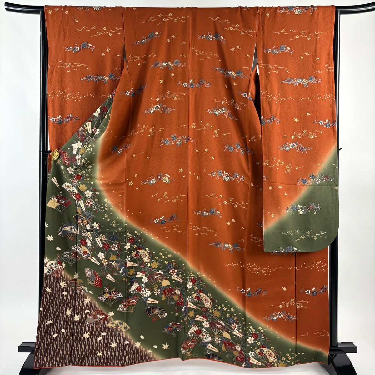 振袖 身丈164cm 裄丈66.5cm M 袷 扇 草花 金糸 金彩 緑 正絹 秀品