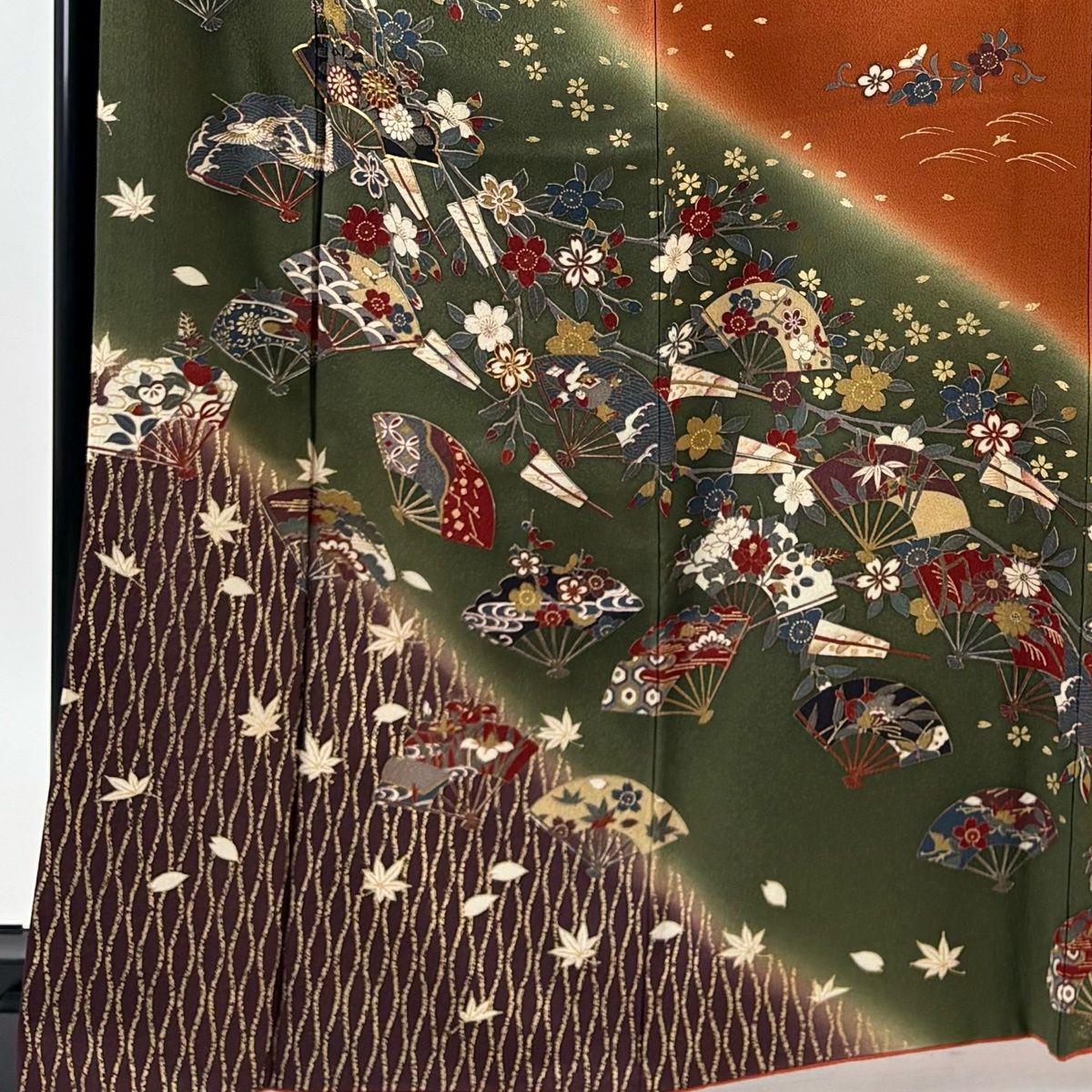振袖 身丈164cm 裄丈66.5cm M 袷 扇 草花 金糸 金彩 緑 正絹 秀品