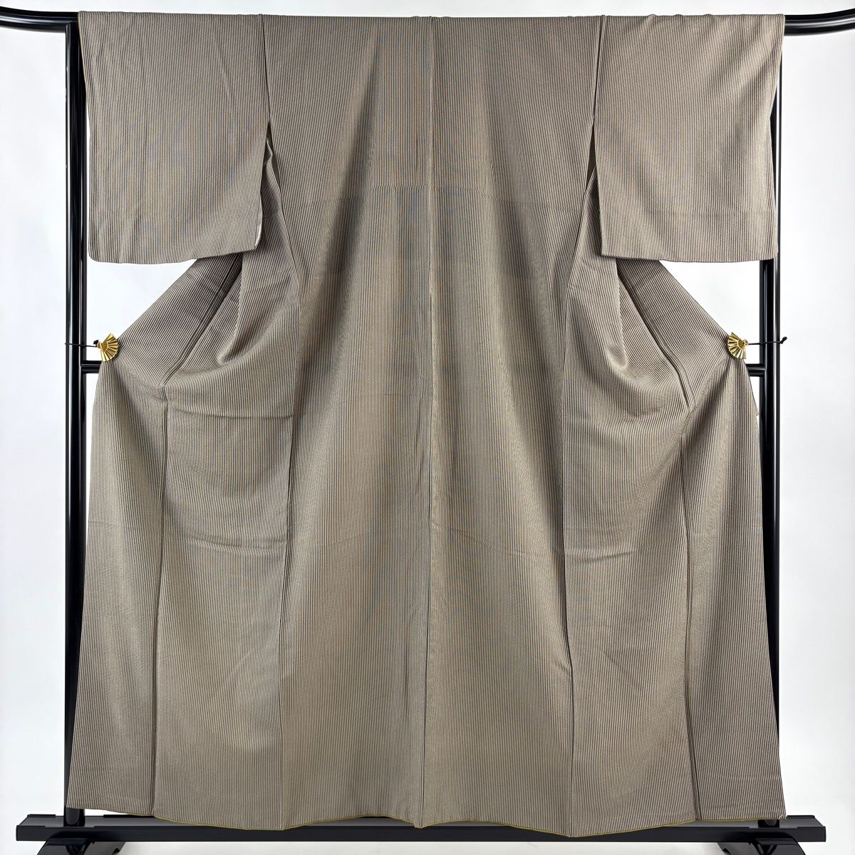 美品】 小紋 身丈156.5cm 裄丈66.5cm M 袷 縦縞 灰茶 正絹 秀品 【中古