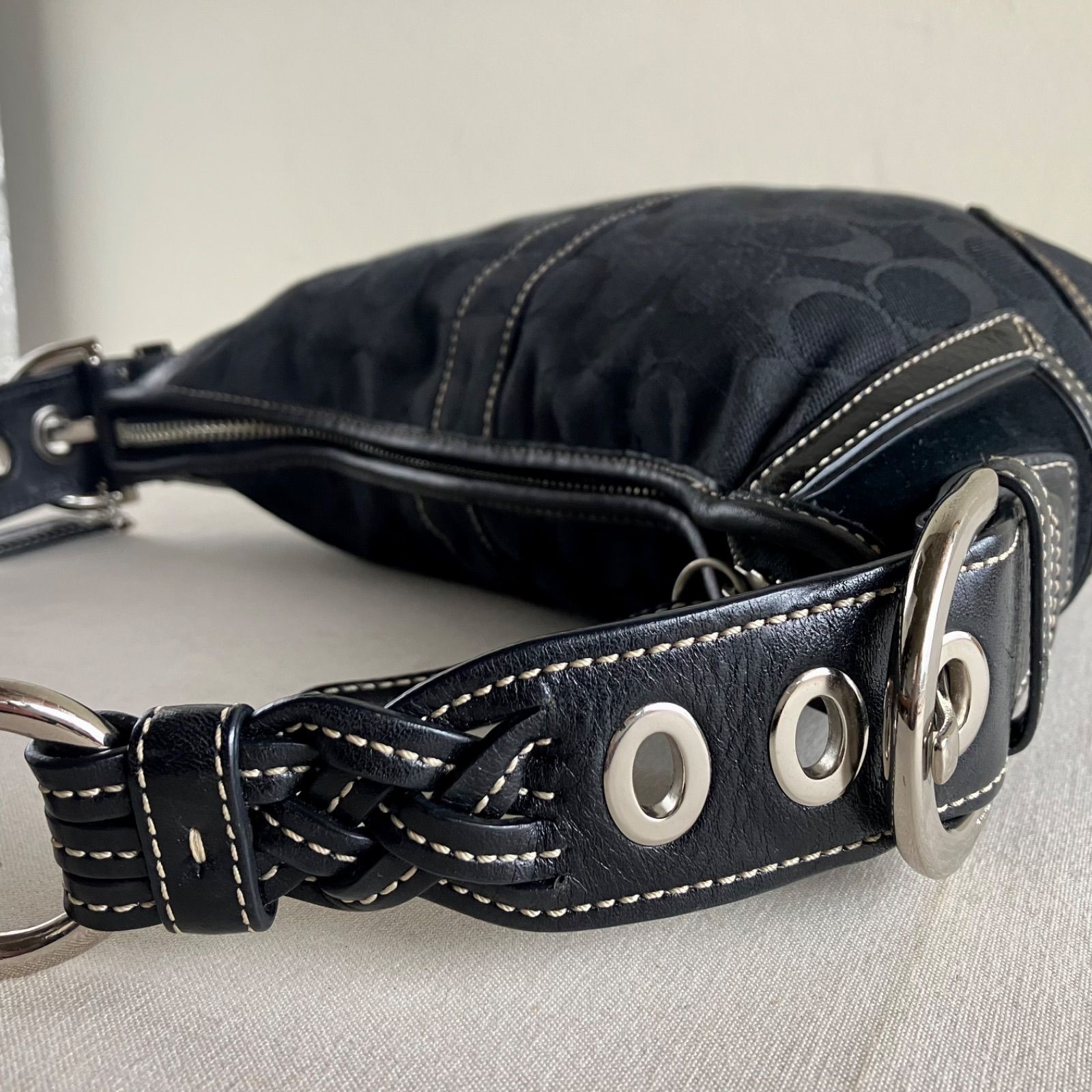 Coach Vintage Signature Black Canvas Leather Hobo Shoulder Bag y2k
