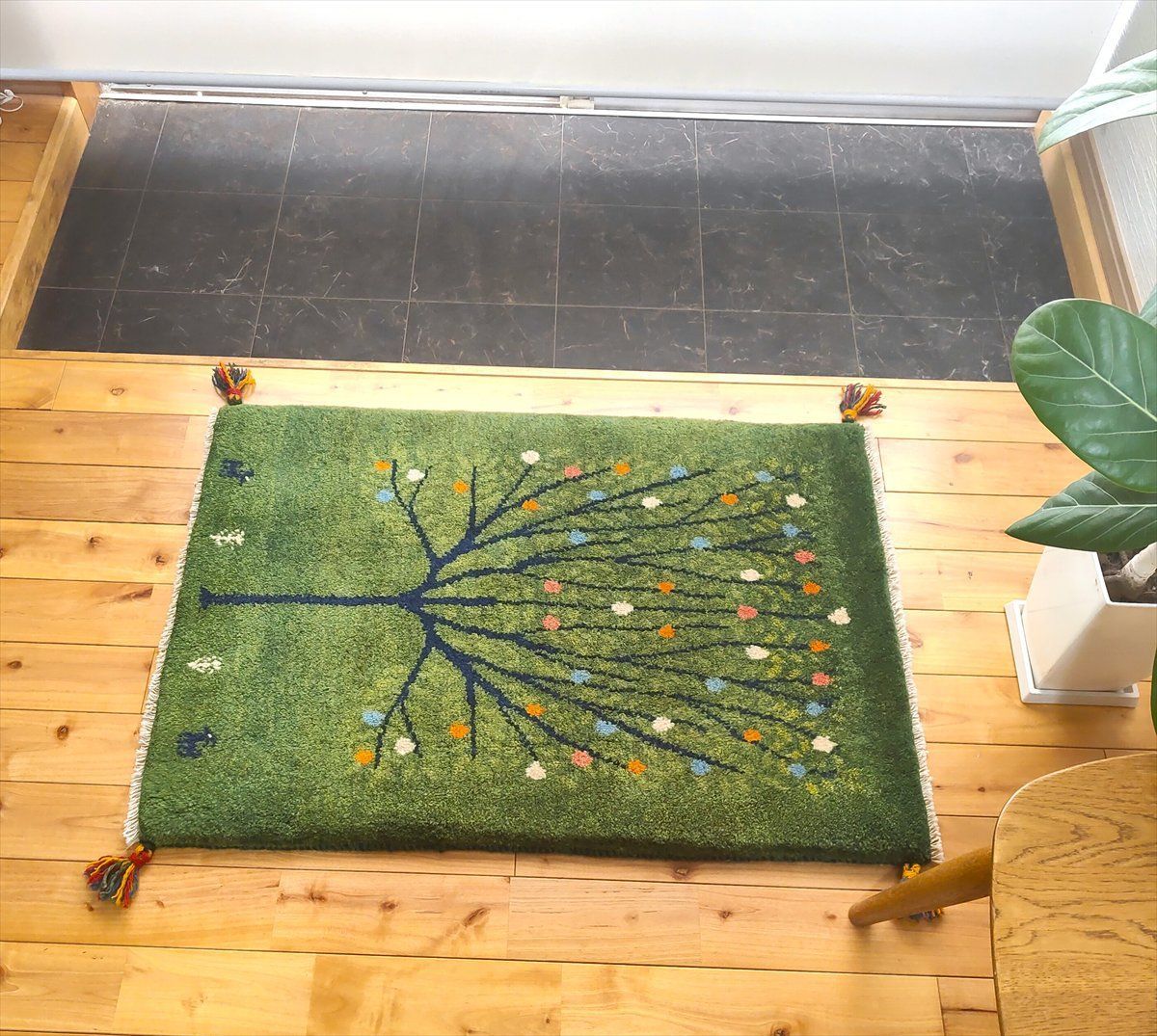 ペルシャ ギャッベ 玄関マット ラグ 90x63㎝ 緑色 ザクロの木 RJ15300