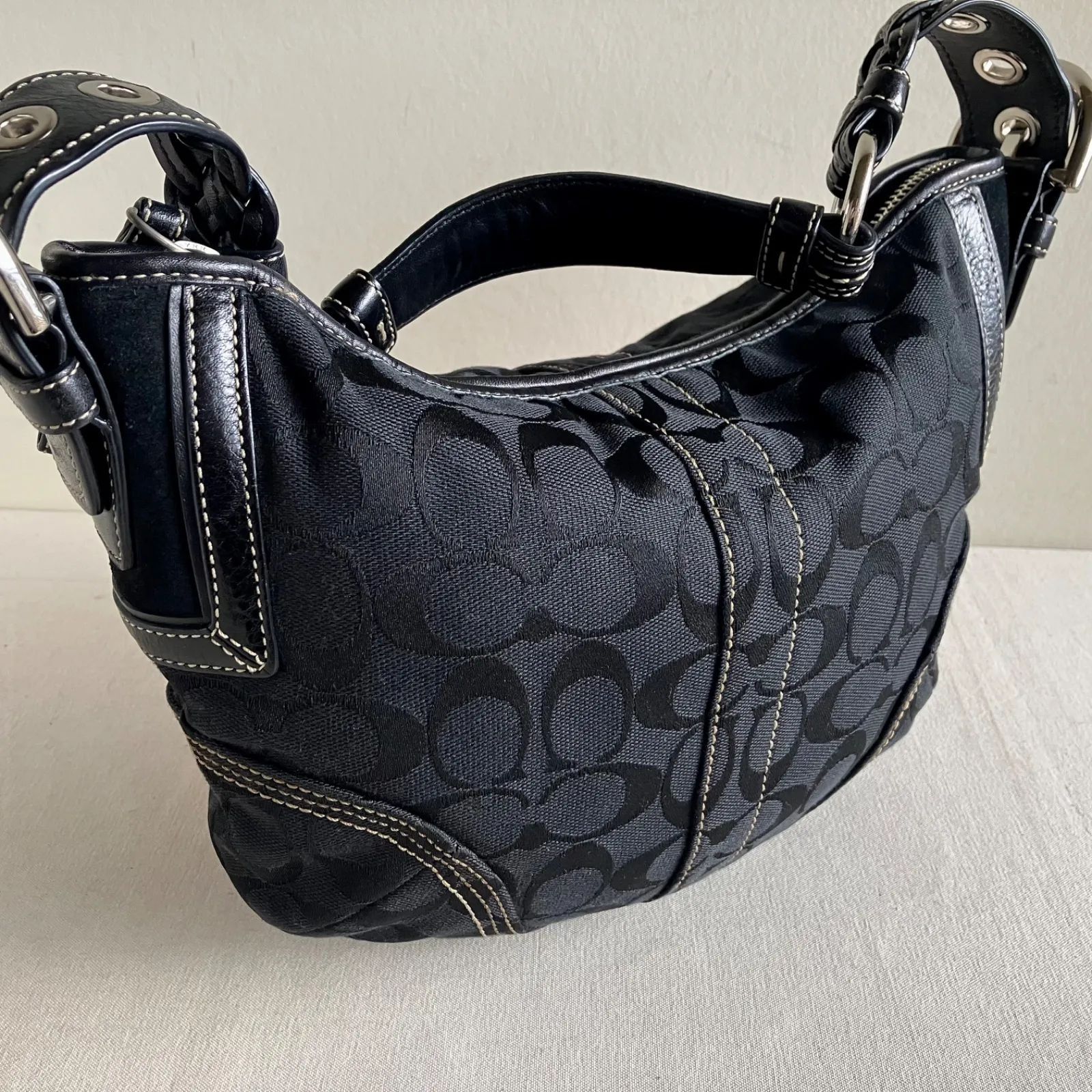 Coach Vintage Signature Black Canvas Leather Hobo Shoulder Bag y2k
