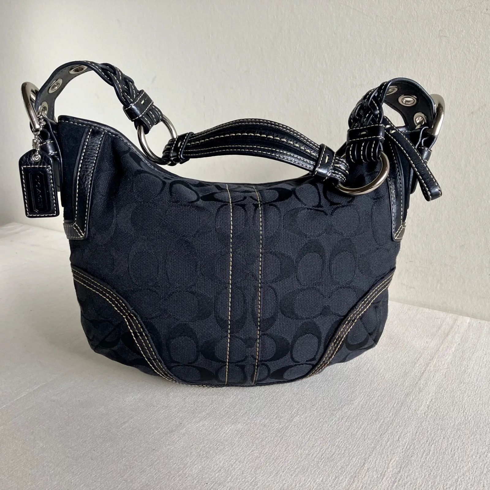 バッグ COACH hobo Signature y2k shoulder Coach Vintage Signature Black Canvas Leather Hobo Shoulder Bag y2k