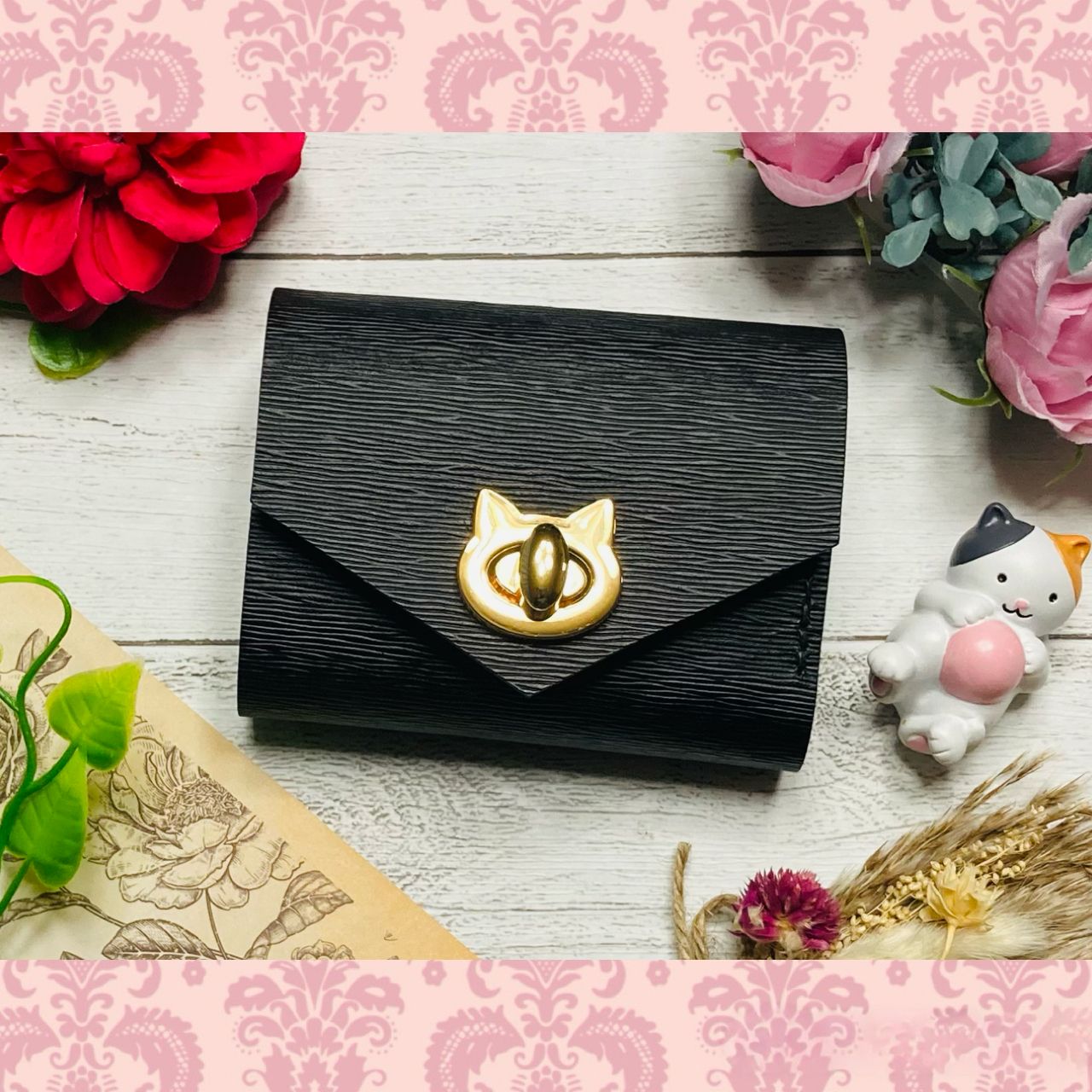 ❤【新色♪】【可愛さ×高級感♪】お洒落可愛い猫のコンパクトミニ財布♪黒猫 水シボ 配送 ❤【新色♪】【可愛さ×高級感♪】お洒落可愛い猫モチーフの総本革