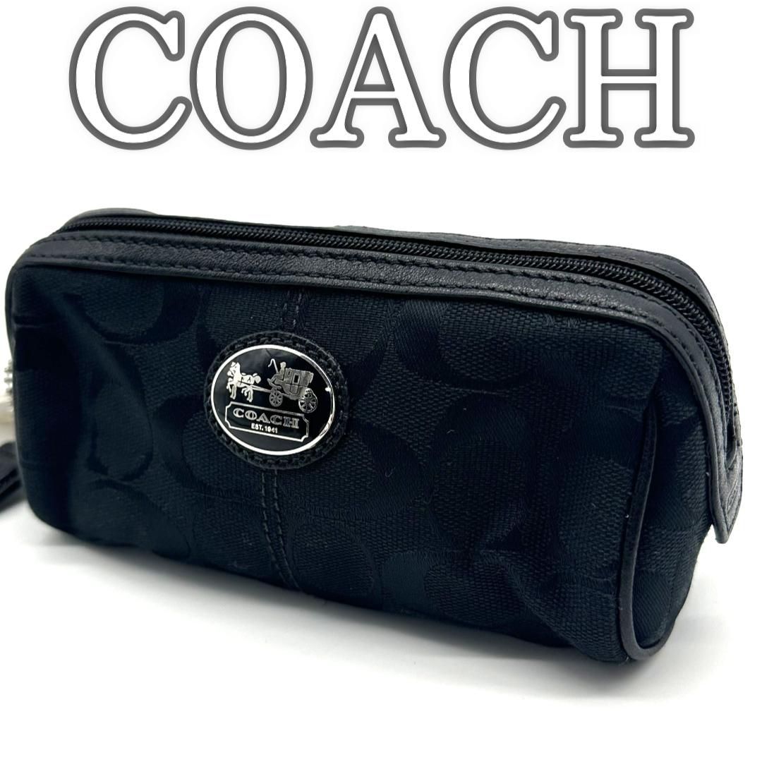 【美品】COACH アクセサリーポーチ　キャンバス 黒 シグネチャー 1341 タグ付き】コーチ COACH キャンバス シグネチャー ポーチ ブラック