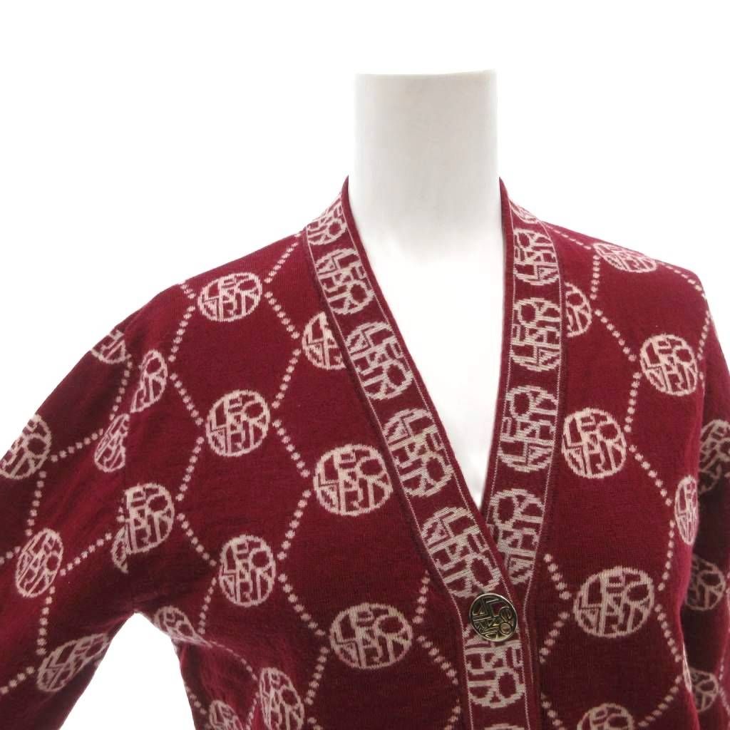 【未使用級】レオナール ウール100％ニットカーディガン レッド赤 Mサイズ レオナール LEONARD カーディガン ニット ウール M 赤 レッド 総柄 V