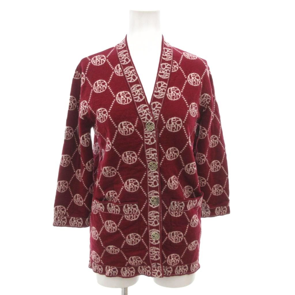 レオナール LEONARD カーディガン ニット ウール M 赤 レッド 総柄 V