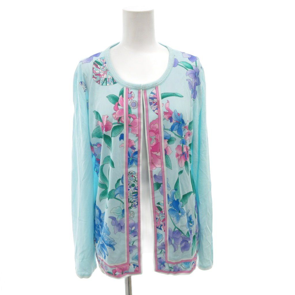 レオナール LEONARD カーディガン 42 青 ブルー 花柄 ラウンドネック