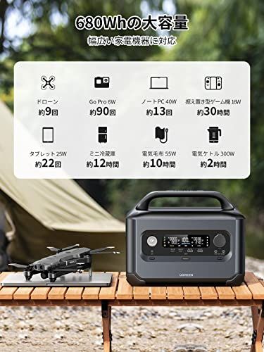 UGREEN ポータブル電源 リン酸鉄 680Wh 蓄電池 600W UGREEN ポータブル電源 リン酸鉄 680Wh 蓄電池 600W(最大1500W) AC/DC