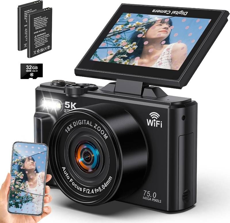 Kデジカメ Wi-Fiスマホ転送 7500万画素 デジタルカメラ 180度回転