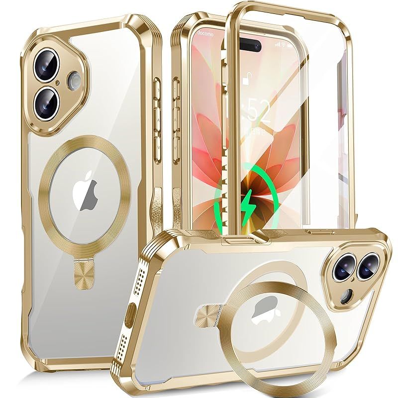 【新品】 【360全面保護・スタンド・Magsafe対応】KELLCASE iPhone 17 用 ケース 両面 隠しスタンド・CDリング 横縦両立 ワイヤレス充電 いphone17 カバー 黄変防止透明PC背面 メッキバンパー 米軍MIL規格耐衝撃 マ 1