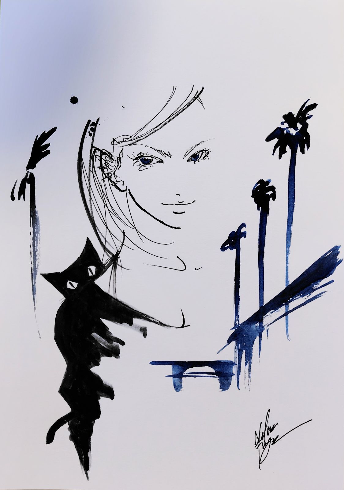 原画#256 女性画 黒猫 猫 ロサンゼルス 水彩画 ドローイング 原画#256 女性画 黒猫 猫 ロサンゼルス 水彩画 ドローイング
