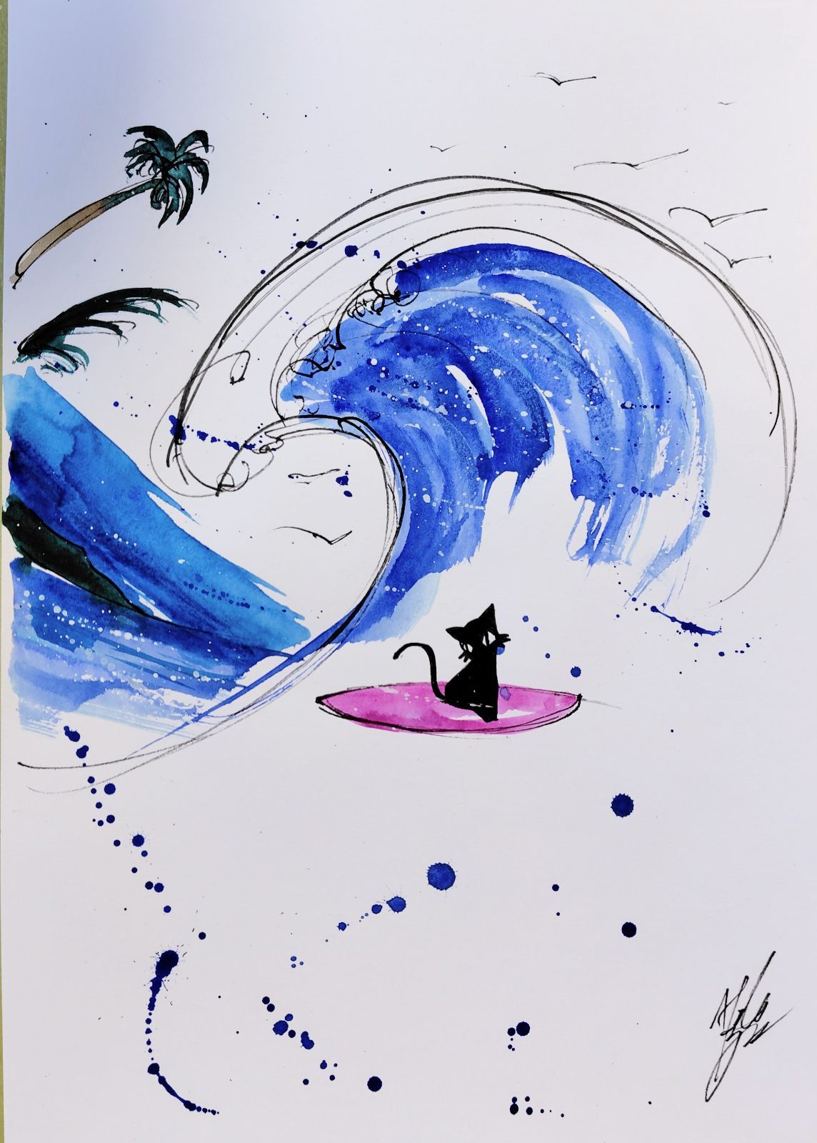 原画#257 黒猫 サーフィン ハワイ 海 イラスト 水彩画 ドローイング