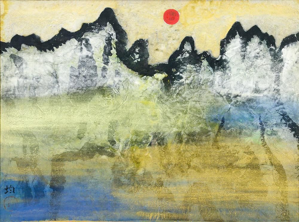 真作】【WISH】小松均 日本画 12号 大作 金箔 金泥 ◇太陽を仰ぐ金彩の