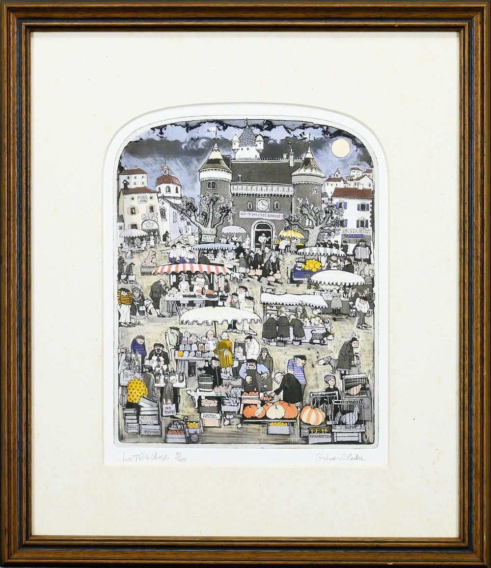 真作】【WISH】グラハム・クラーク Graham Clarke「南仏の市場」銅版画