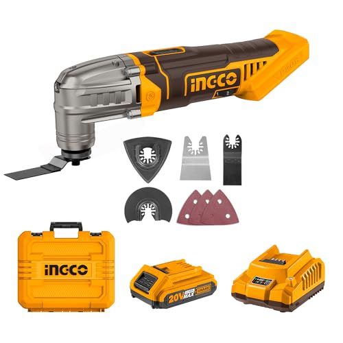 【迅速に発送】INGCO コードレス マルチツール 1個の2.0Ahバッテリーと1個の充電器付き 5000-20000RPM 6段階可変速度 3.2°振動角度 20V振動マルチツール 8個のアクセサリーキット付き CMLI20228 cba79436