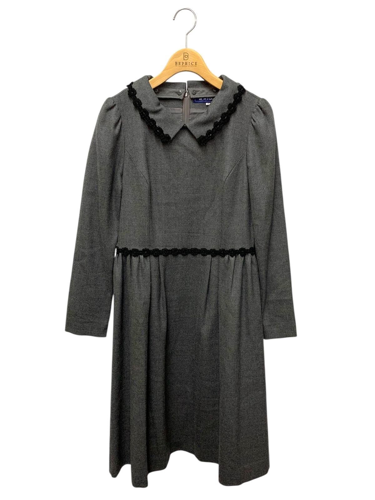 エムズグレイシー 621715 ワンピース 40 チャコール 刺繍 ウール混 衿