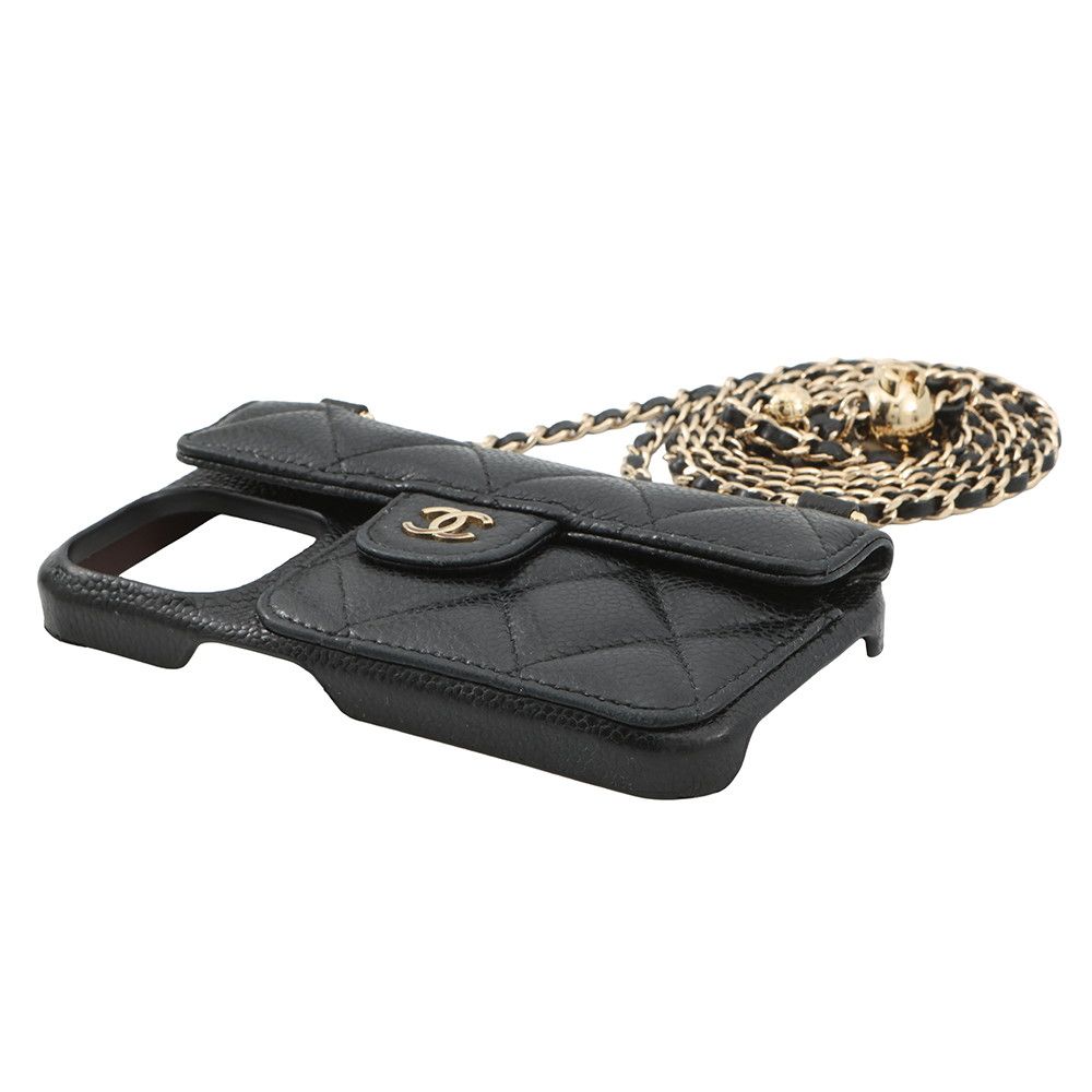 シャネル ココマーク マトラッセ キャビアスキン iPhone14pro ケース CHANEL（シャネル） 携帯・スマホアクセサリー ブラック ゴールド ココ