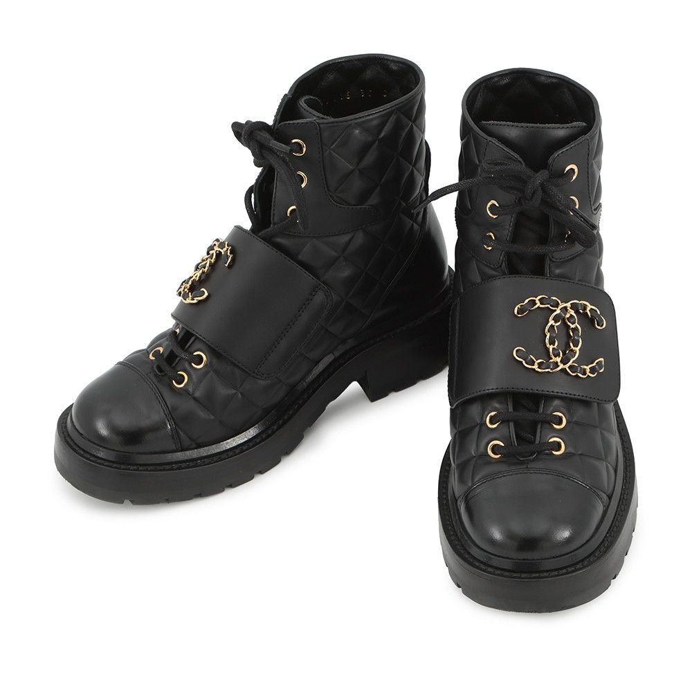 シャネル ショートブーツ マトラッセ ココマーク レースアップ レザー