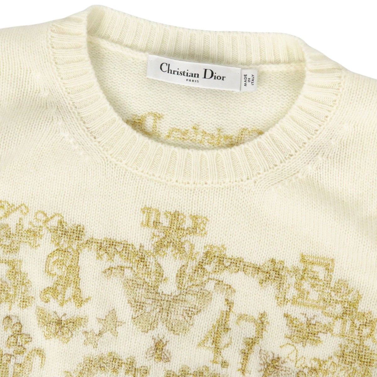 Dior ホワイト 長袖セーター 金色刺繍 ディオール エンブロイダリー カシミヤ ニット クリスチャンディオール
