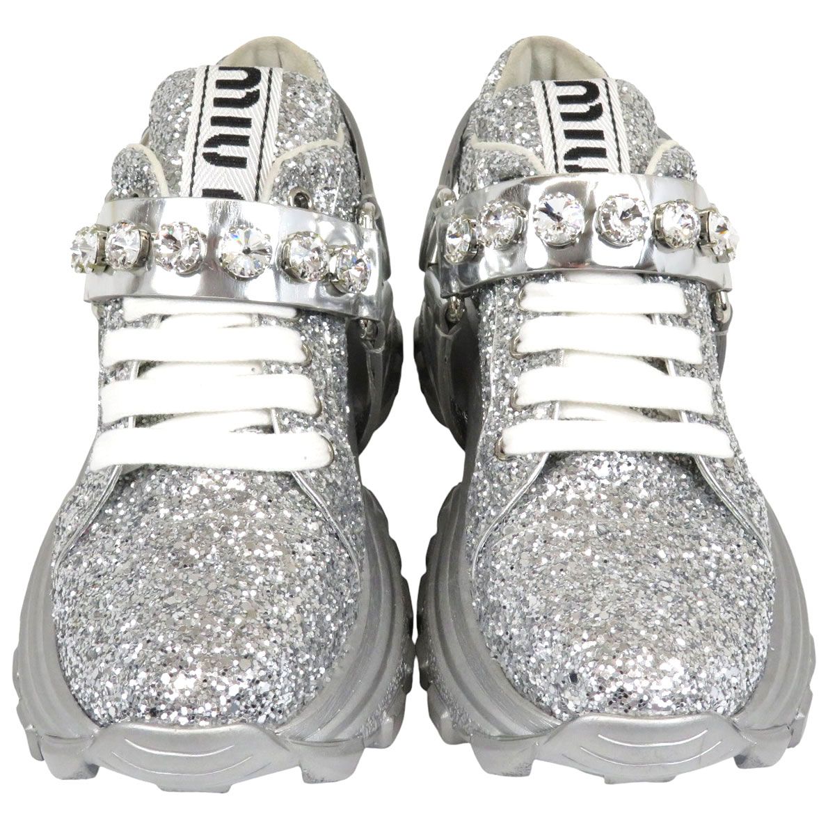 ミュウミュウ ビジュー グリッター スニーカー レディース シルバー